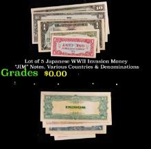 Lot of 5 Japanese WWII Invasion Money "JIM" Notes, Various Countries & Denominations Grades