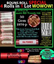 THIS AUCTION ONLY! BU Shotgun Lincoln 1c roll, 1974-p 50 pcs Plus THREE bonus random date BU roll! B