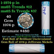 BU Shotgun Jefferson 5c roll, 1974-p 40 pcs Bank $2 Nickel Wrapper