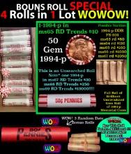 THIS AUCTION ONLY! BU Shotgun Lincoln 1c roll, 1994-p 50 pcs Plus THREE bonus random date BU roll! B