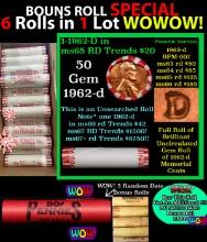 THIS AUCTION ONLY! BU Shotgun Lincoln 1c roll, 1962-d 50 pcs Plus FIVE bonus random date BU roll! Ba