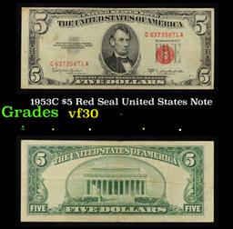 1953C $5 Red Seal United States Note Grades vf++