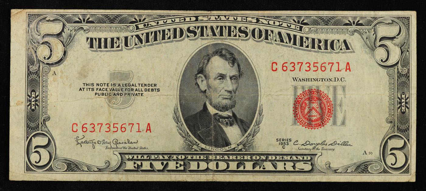 1953C $5 Red Seal United States Note Grades vf++