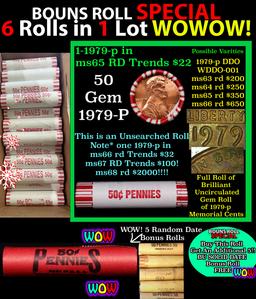 THIS AUCTION ONLY! BU Shotgun Lincoln 1c roll, 1979-p 50 pcs Plus FIVE bonus random date BU roll! Ba