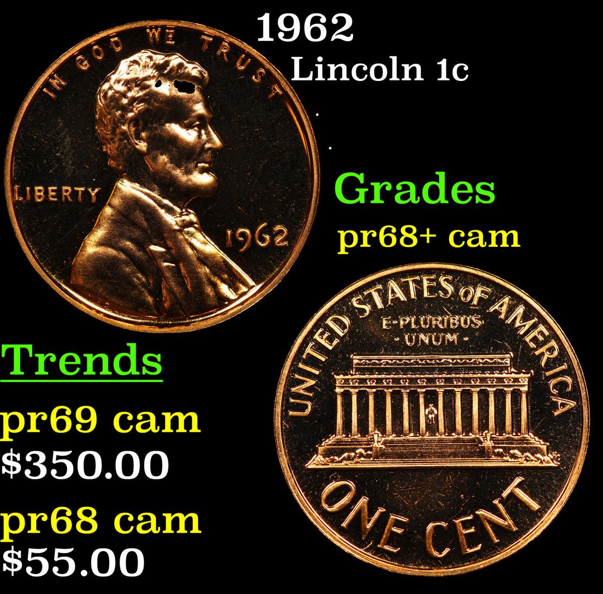 Proof 1962 Lincoln Cent 1c Grades GEM++ Proof Cameo