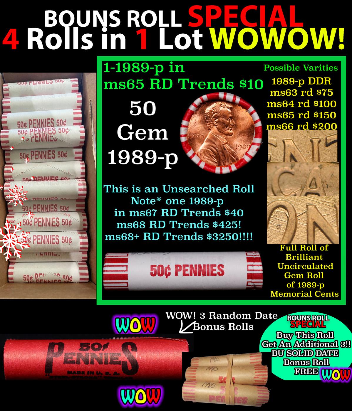 THIS AUCTION ONLY! BU Shotgun Lincoln 1c roll, 1989-p 50 pcs Plus THREE bonus random date BU roll! B