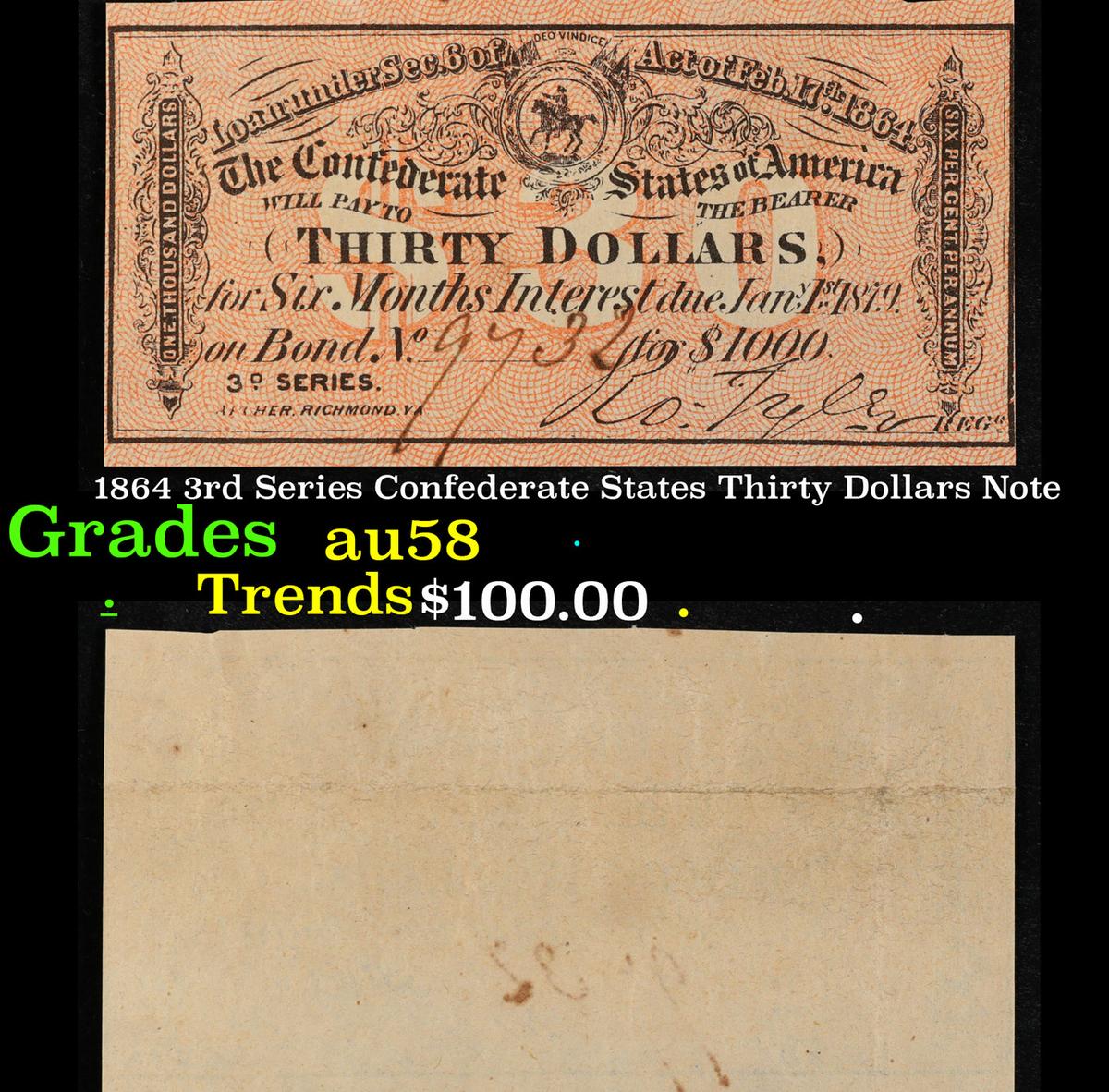 1864 3rd Series Confederate States Thirty Dollars Note Grades Choice AU/BU Slider