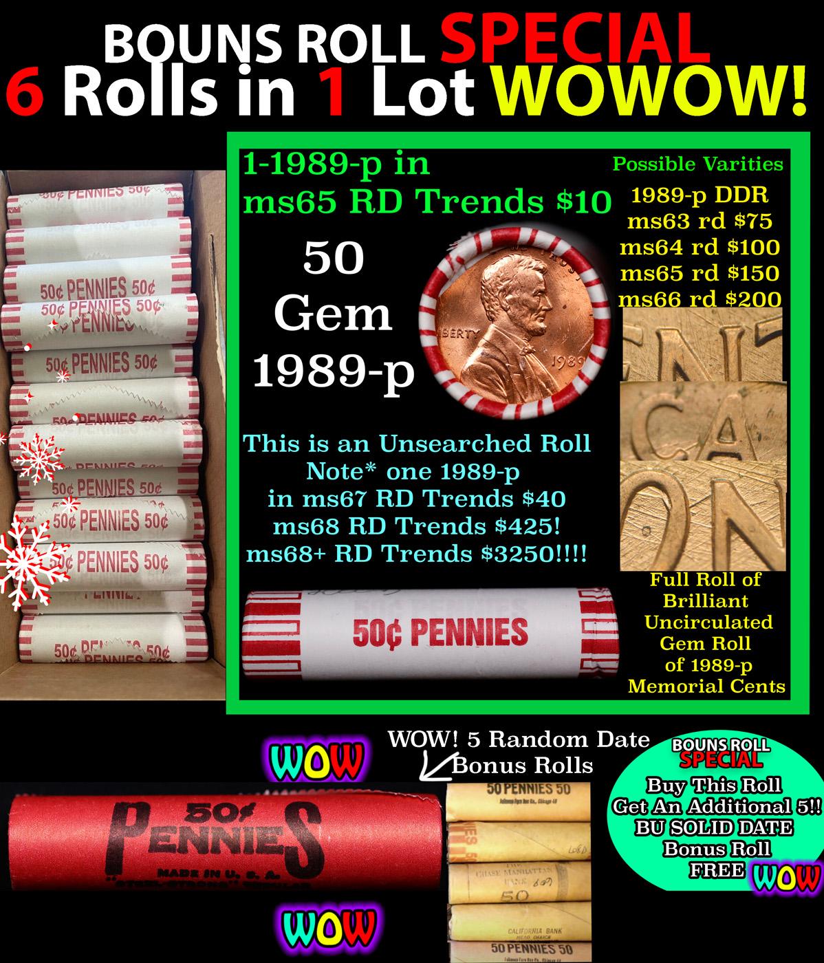 THIS AUCTION ONLY! BU Shotgun Lincoln 1c roll, 1989-p 50 pcs Plus FIVE bonus random date BU roll! Ba