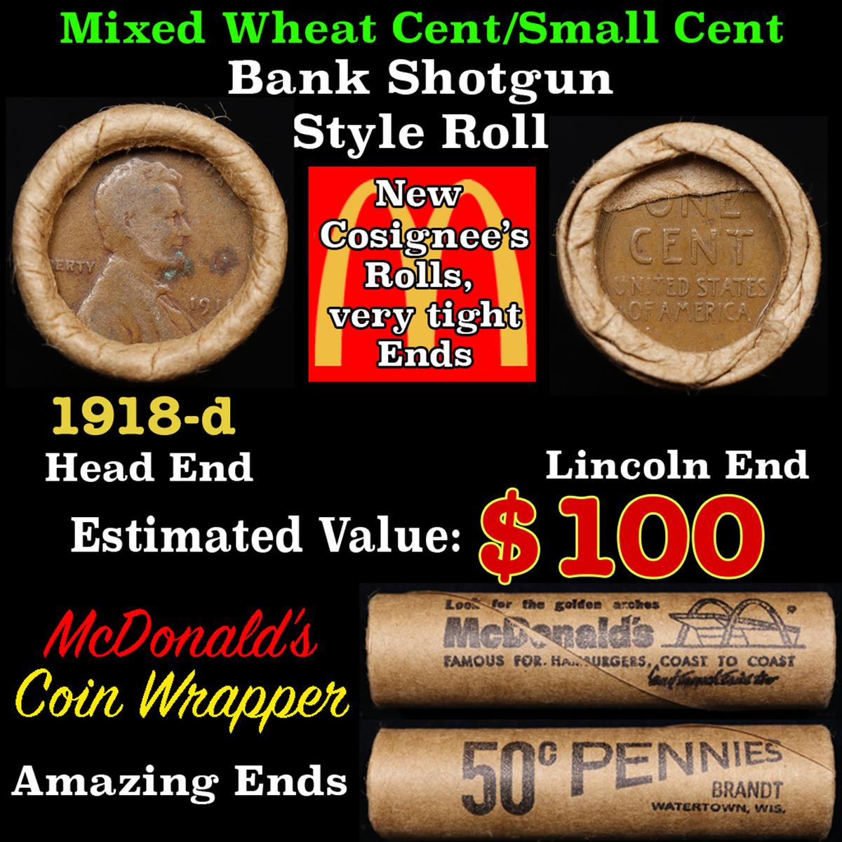 Lincoln Wheat Cent 1c Mixed Roll Orig Brandt McDonalds Wrapper, 1918-d end, Wheat other end