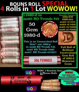 THIS AUCTION ONLY! BU Shotgun Lincoln 1c roll, 1980-d 50 pcs Plus THREE bonus random date BU roll! B