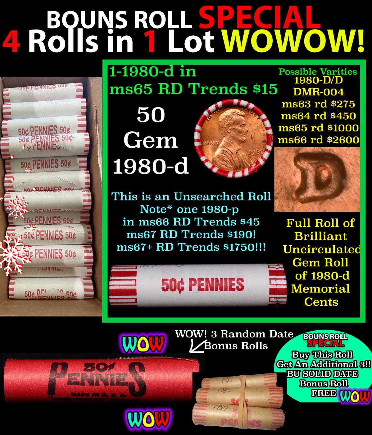 THIS AUCTION ONLY! BU Shotgun Lincoln 1c roll, 1980-d 50 pcs Plus THREE bonus random date BU roll! B