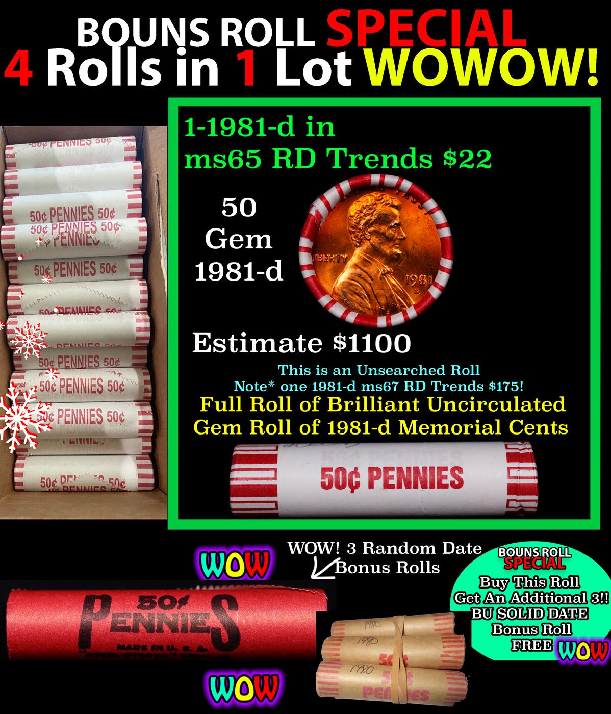 THIS AUCTION ONLY! BU Shotgun Lincoln 1c roll, 1981-d 50 pcs Plus THREE bonus random date BU roll! B