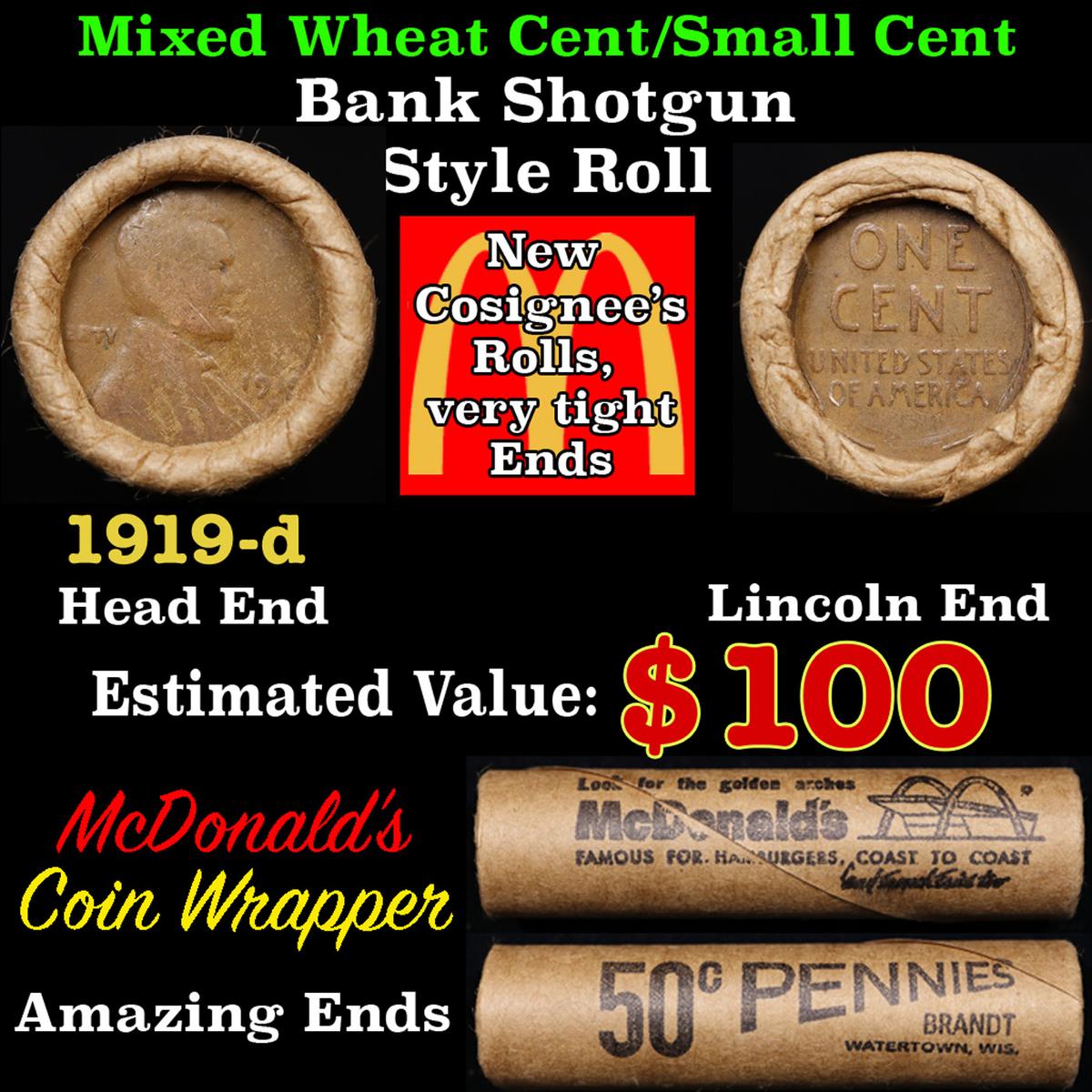 Lincoln Wheat Cent 1c Mixed Roll Orig Brandt McDonalds Wrapper, 1919-d end, Wheat other end