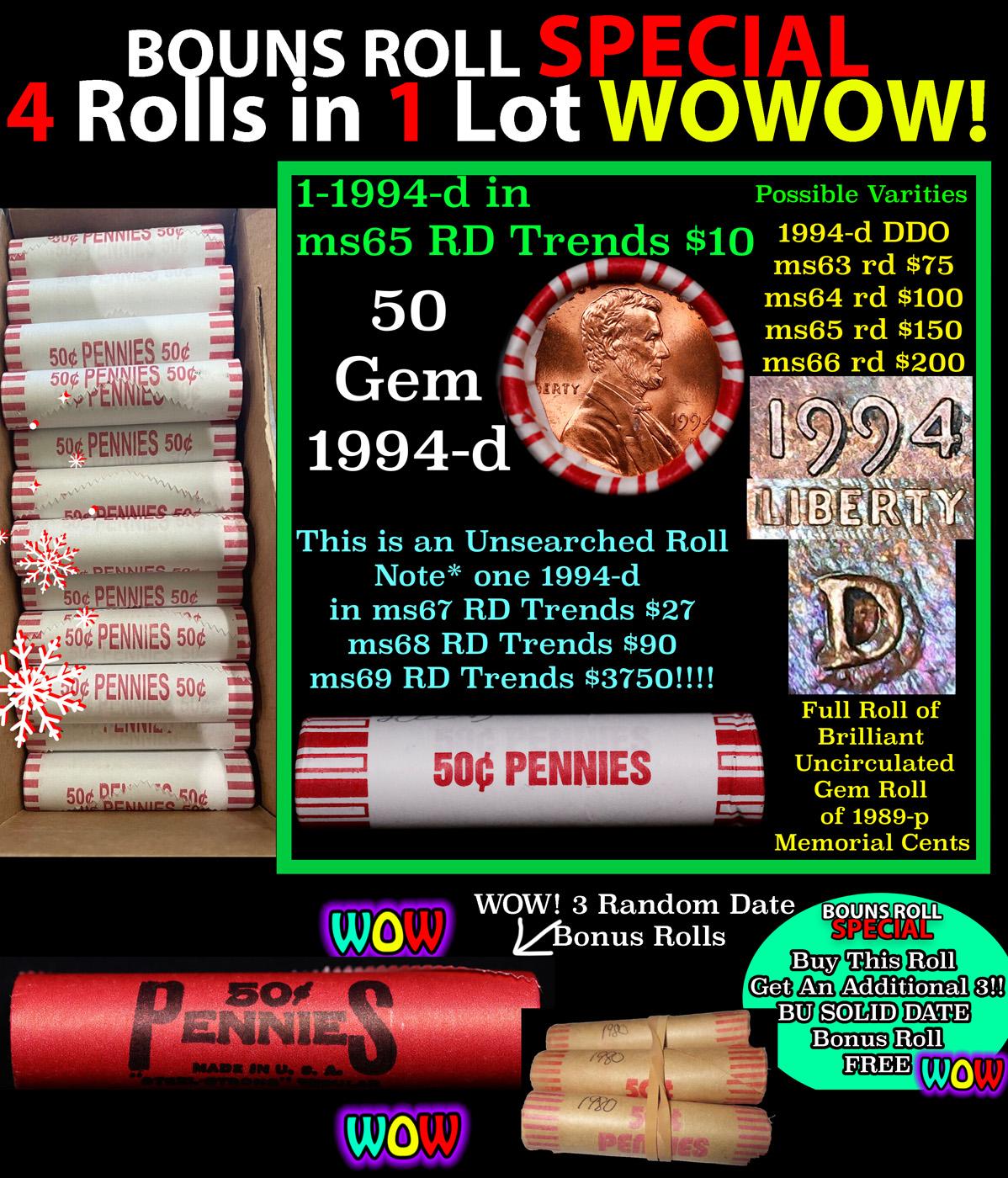 THIS AUCTION ONLY! BU Shotgun Lincoln 1c roll, 1999-d 50 pcs Plus THREE bonus random date BU roll! B