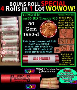 THIS AUCTION ONLY! BU Shotgun Lincoln 1c roll, 1982-d 50 pcs Plus THREE bonus random date BU roll! B