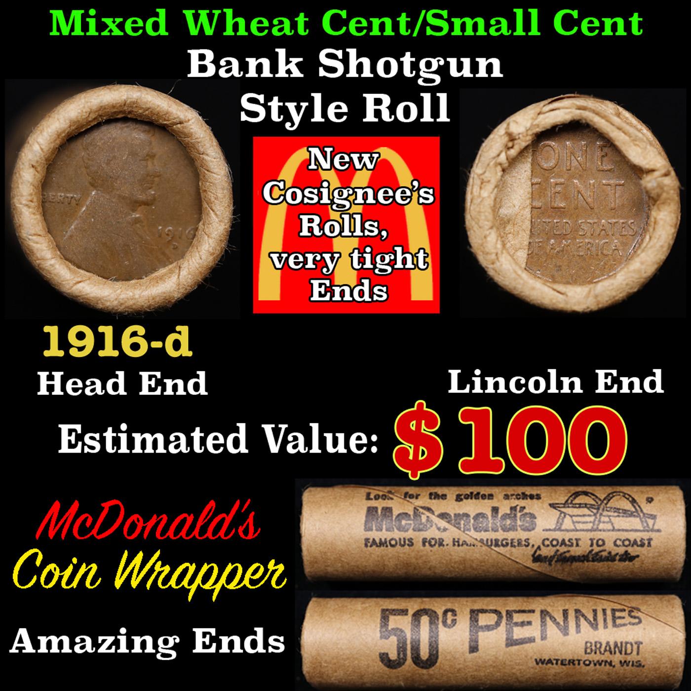 Lincoln Wheat Cent 1c Mixed Roll Orig Brandt McDonalds Wrapper, 1916-d end, Wheat other end