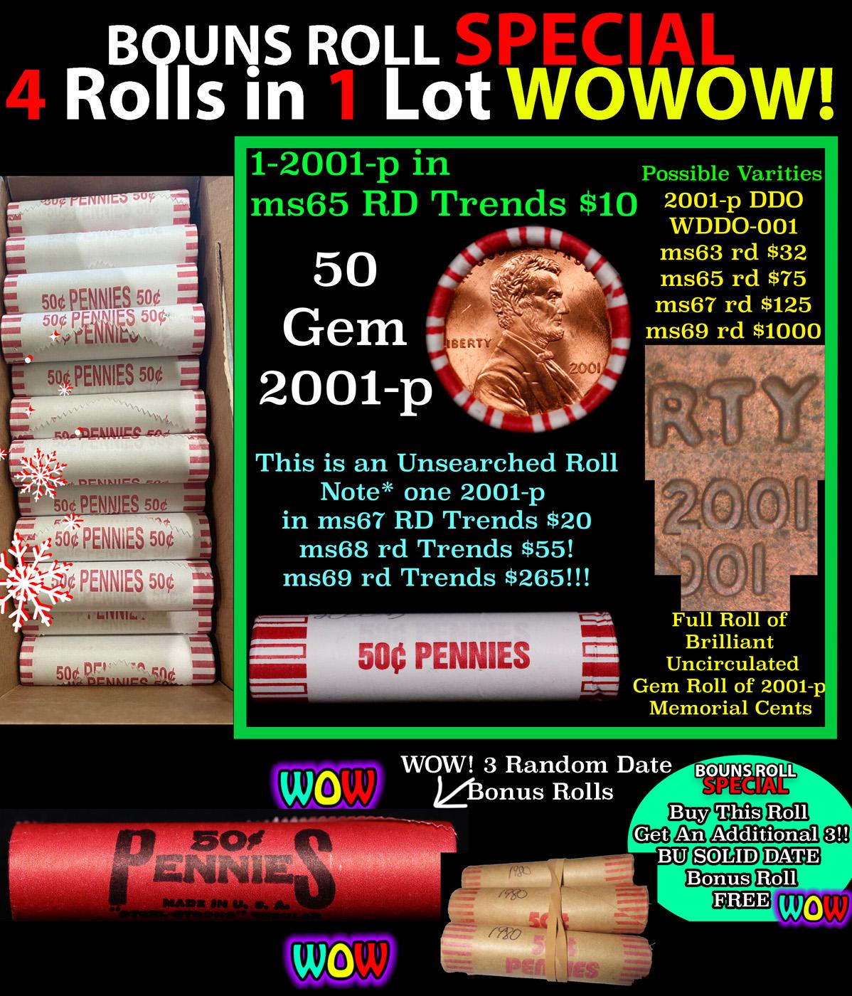 THIS AUCTION ONLY! BU Shotgun Lincoln 1c roll, 2001-p 50 pcs Plus THREE bonus random date BU roll! B