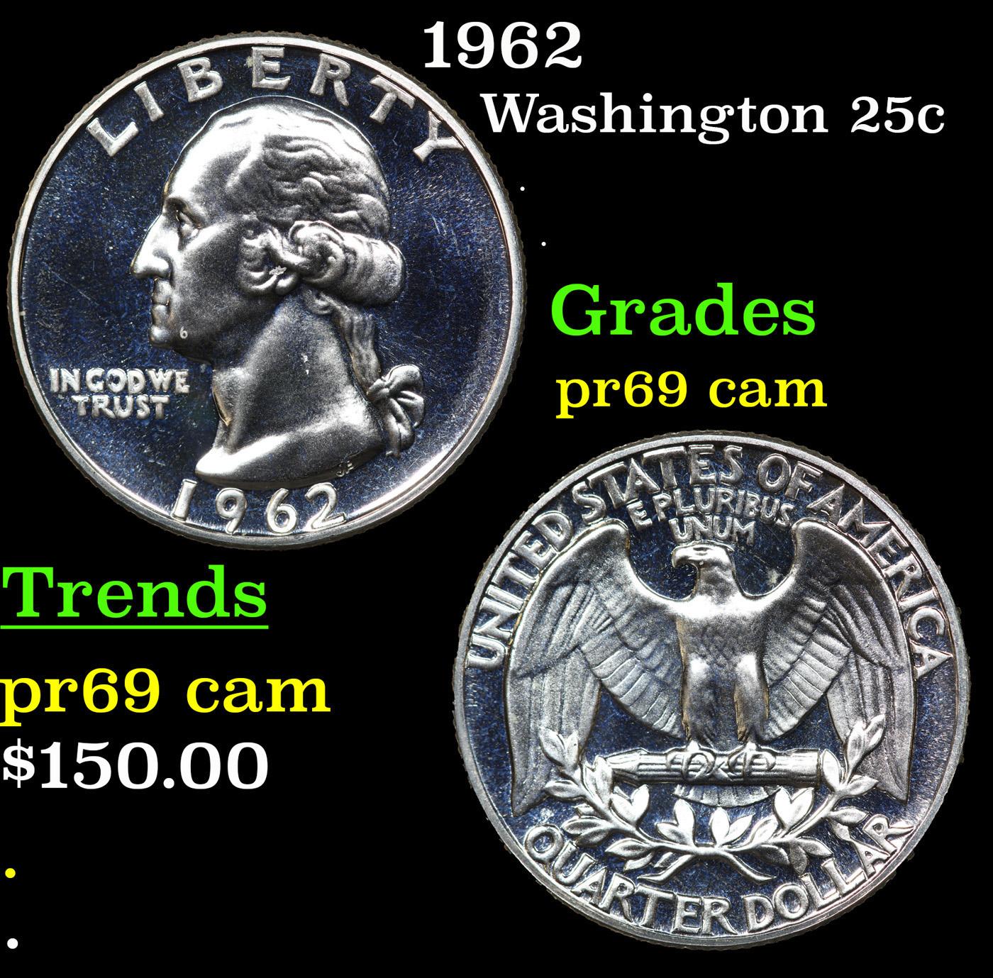 Proof 1962 Washington Quarter 25c Grades GEM++ Proof Cameo