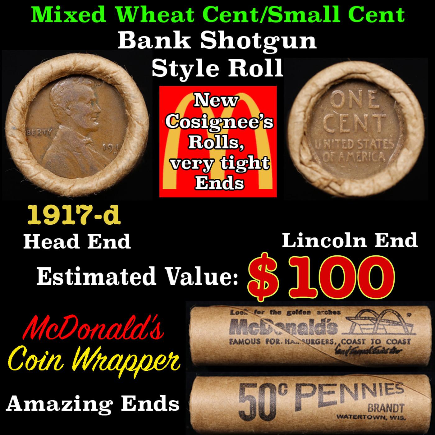 Lincoln Wheat Cent 1c Mixed Roll Orig Brandt McDonalds Wrapper, 1917-d end, Wheat other end