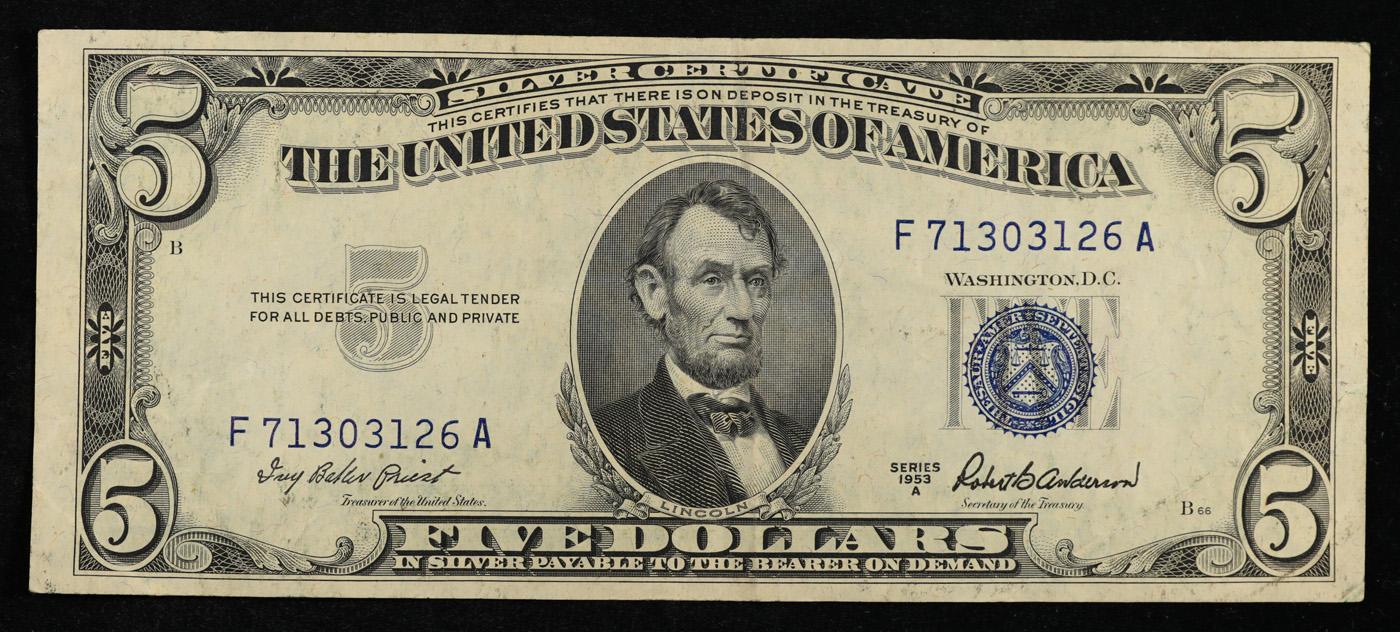 1953A $5 Blue Seal Silver Certificate Grades Select AU