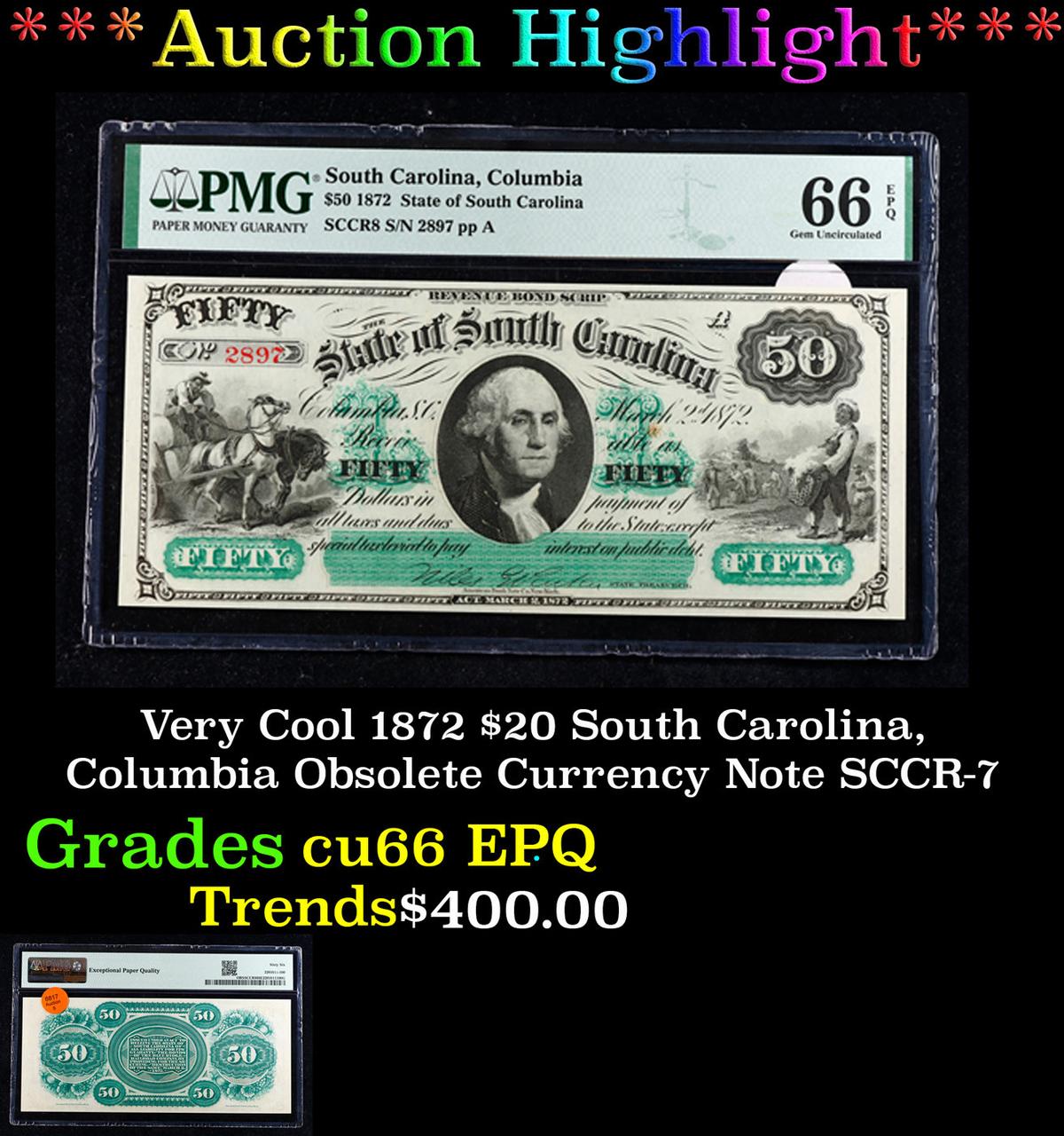 Very Cool 1872 $50 South Carolina, Columbia Obsolete Currency Note SCCR-8 George Washinton Graded cu