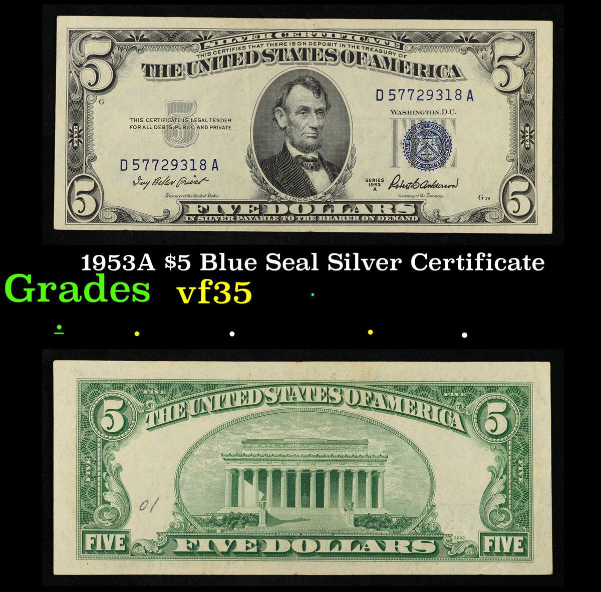 1953A $5 Blue Seal Silver Certificate Grades vf++