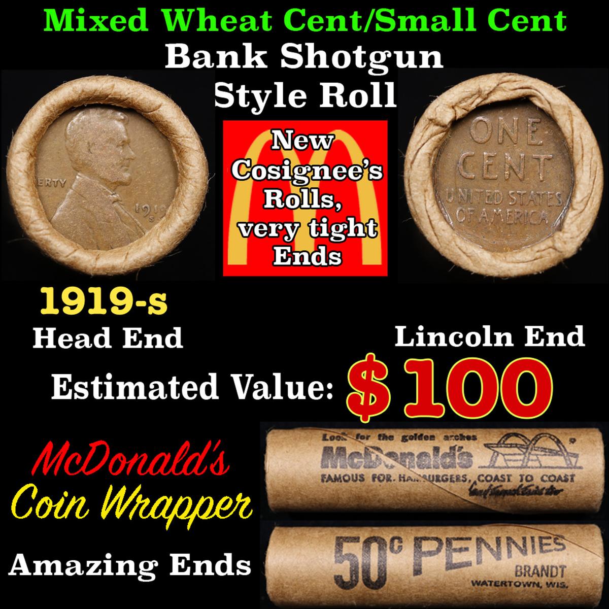 Lincoln Wheat Cent 1c Mixed Roll Orig Brandt McDonalds Wrapper, 1919-s end, Wheat other end