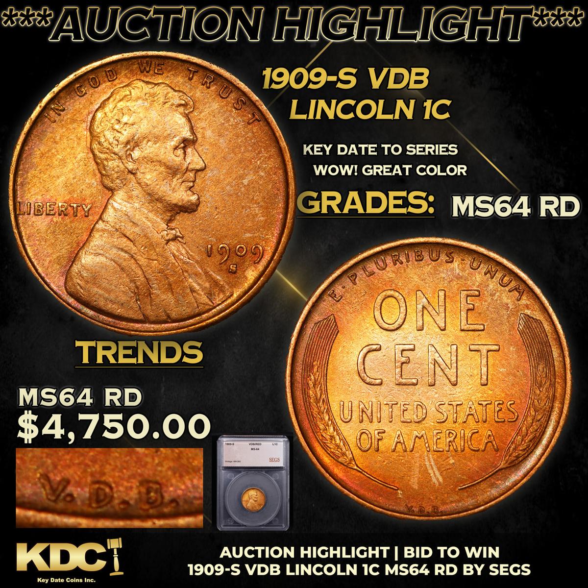 ***Auction Highlight*** 1909-s VDB Lincoln Cent 1c Graded ms64 rd By SEGS (fc)