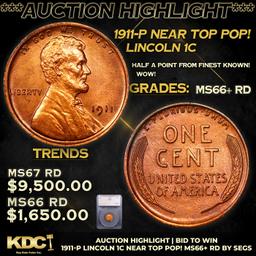 ***Auction Highlight*** 1911-p Lincoln Cent Near Top Pop! 1c Graded ms66+ rd By SEGS (fc)