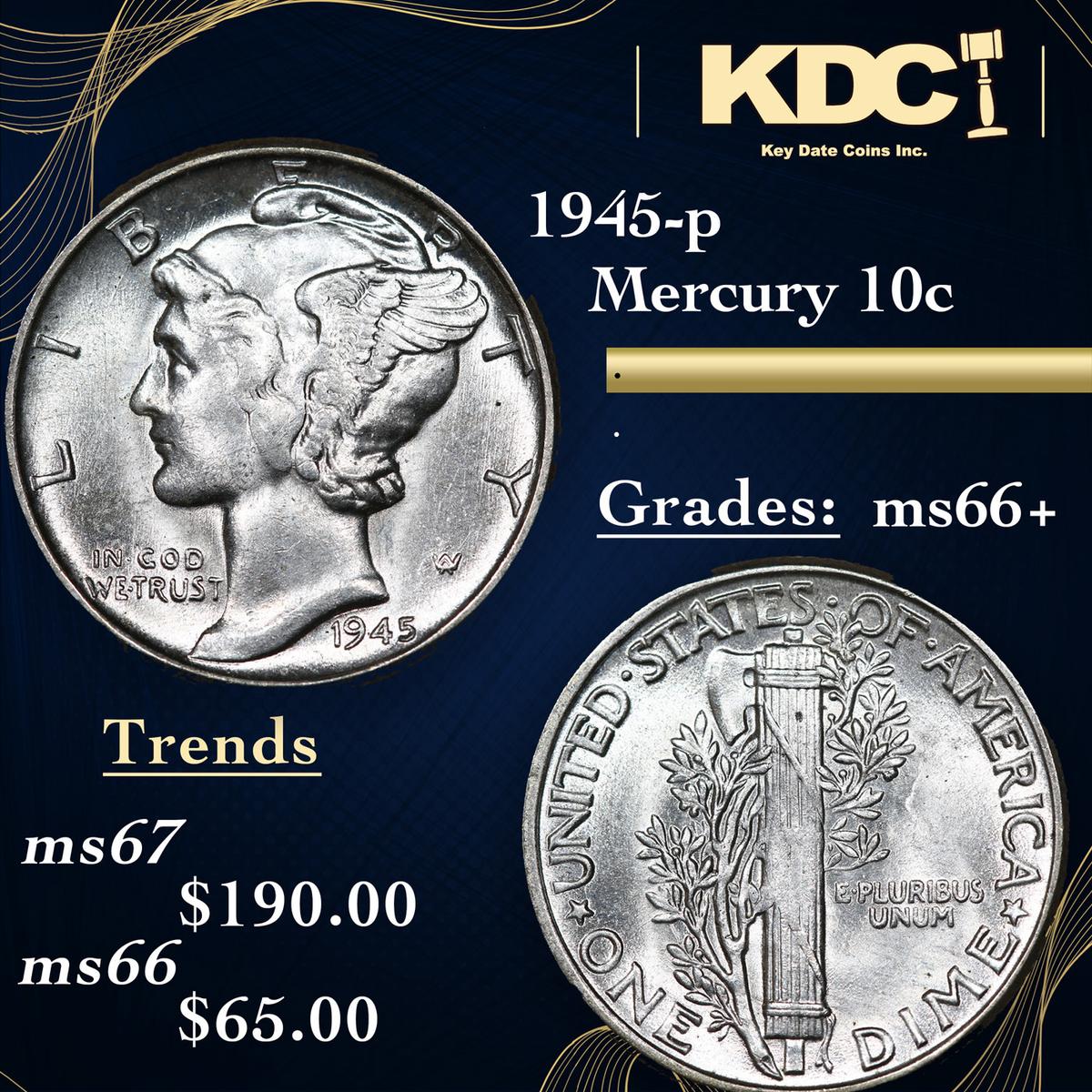 1945-p Mercury Dime 10c Grades GEM++ Unc