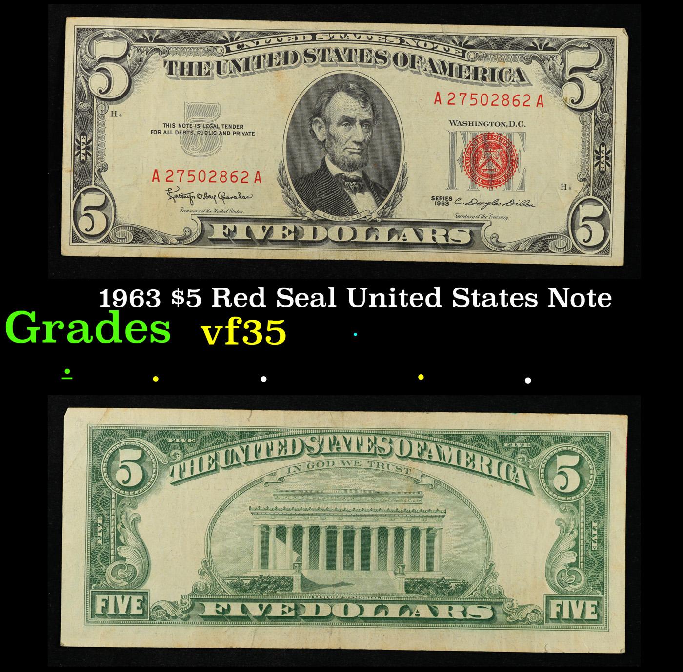 1963 $5 Red Seal United States Note Grades vf++