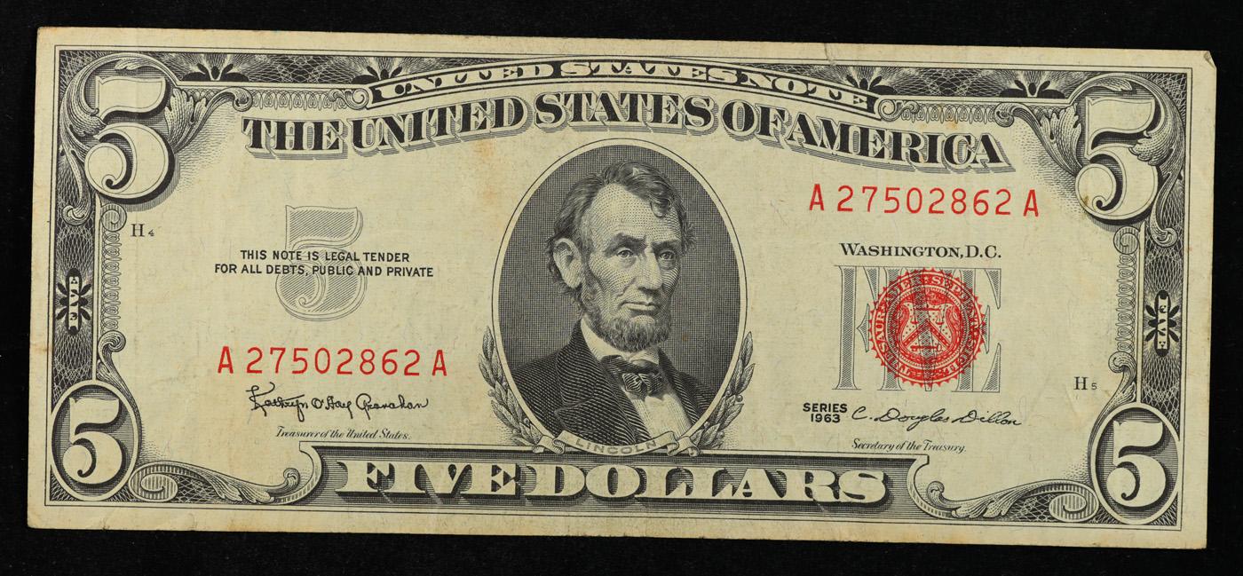 1963 $5 Red Seal United States Note Grades vf++