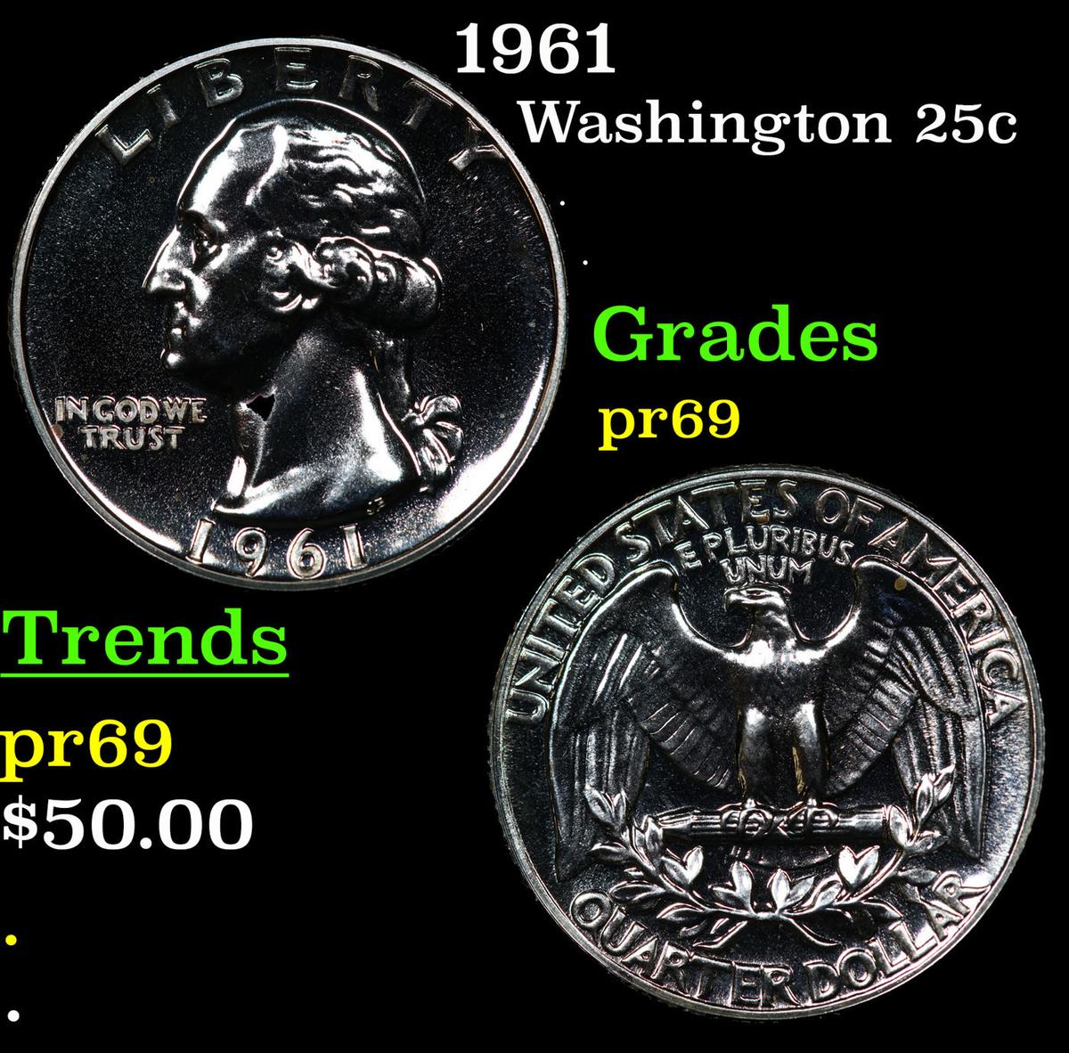 Proof 1961 Washington Quarter 25c Grades GEM++ Proof