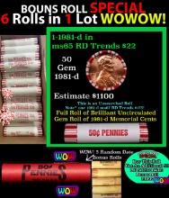 THIS AUCTION ONLY! BU Shotgun Lincoln 1c roll, 1981-d 50 pcs Plus FIVE bonus random date BU roll! Ba