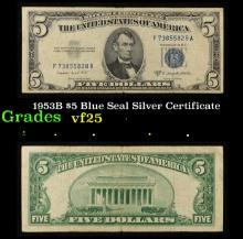 1953B $5 Blue Seal Silver Certificate Grades vf+