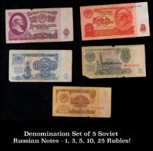 Denomination Set of 5 Soviet Russian Notes - 1, 3, 5, 10, 25 Rubles! Grades