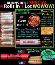 THIS AUCTION ONLY! BU Shotgun Lincoln 1c roll, 1964-d 50 pcs Plus THREE bonus random date BU roll! B