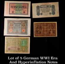 Lot of 5 German WWI Era And Hyperinflation Notes Grades