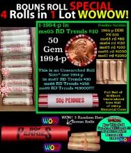 THIS AUCTION ONLY! BU Shotgun Lincoln 1c roll, 1994-p 50 pcs Plus THREE bonus random date BU roll! B