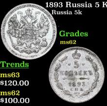 1893 Russia 5 Kopeks Silver Y# 19a.1 Grades Select Unc