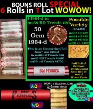 THIS AUCTION ONLY! BU Shotgun Lincoln 1c roll, 1964-d 50 pcs Plus FIVE bonus random date BU roll! Ba