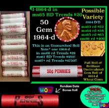 THIS AUCTION ONLY! BU Shotgun Lincoln 1c roll, 1964-d 50 pcs Plus one bonus random date BU roll! Ban