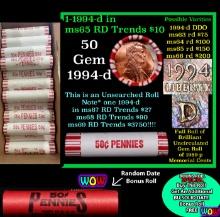 THIS AUCTION ONLY! BU Shotgun Lincoln 1c roll, 1994-d 50 pcs Plus one bonus random date BU roll! Ban