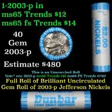 BU Shotgun Jefferson 5c roll, 2003-p 40 pcs Dunbar $2 Nickel Wrapper