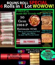 THIS AUCTION ONLY! BU Shotgun Lincoln 1c roll, 1964-p 50 pcs Plus FIVE bonus random date BU roll! Ba