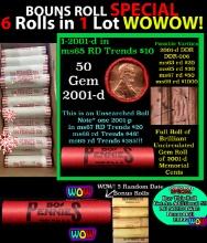 THIS AUCTION ONLY! BU Shotgun Lincoln 1c roll, 2001-d 50 pcs Plus FIVE bonus random date BU roll! Ba