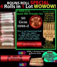 THIS AUCTION ONLY! BU Shotgun Lincoln 1c roll, 1998-d 50 pcs Plus THREE bonus random date BU roll! B