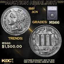 ***Auction Highlight*** 1881 Three Cent Copper Nickel 3cn Graded ms66 By SEGS (fc)