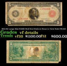 1914 $5 Large Size Blue Seal Federal Reserve Note Type A Grades Vf details FR-843.