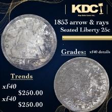 1853 arrow & rays Seated Liberty Quarter 25c Grades xf Details